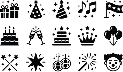Naklejka premium Party celebration icons set with gifts cake balloons fireworks music crown festive symbols vector illustration