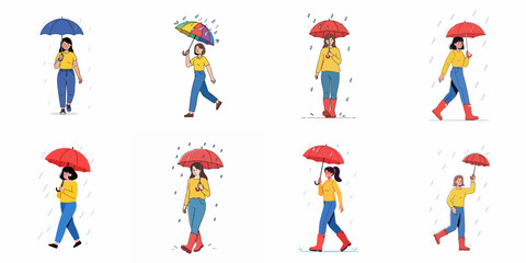 Fototapeta premium Set of eight vector illustrations depicting young women walking happily under various colorful umbrellas and wearing rain boots during rainy weather.