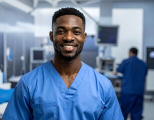 A smiling healthcare professional, a Black man, poses in a modern hospital operating room setting. A colleague is blurred in the background