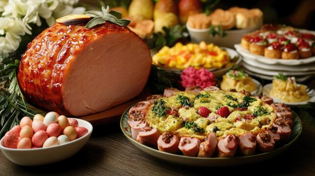 A grand Easter brunch buffet with dishes like ham, quiches, fresh fruit, and desserts.