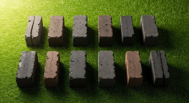 Earth day eco friendly bricks on green grass background sustainable living concept