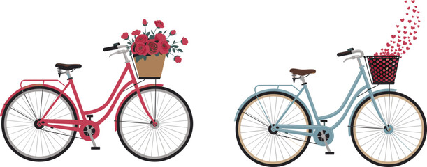 Fototapeta premium Romantic vintage bicycles with flower and heart baskets illustration symbolizing love valentine romance isolated on white background design art