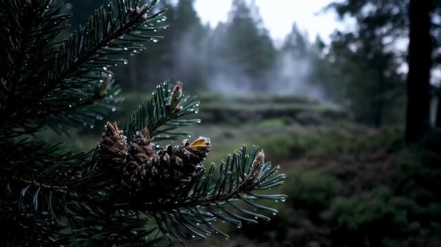 Raindrops on Pine Cones and Spruce Needles in Misty Forest