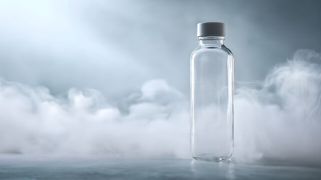 Cloud Dancer themed A clear glass bottle a silver cap stands on a foggy surface in a misty atmosphere Colour of the Year 2026