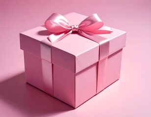 Obraz premium A square pink gift box, adorned with a matching satin bow and ribbon, placed on a pink surface. Soft lighting creates shadows