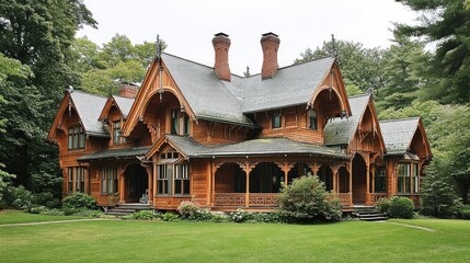Majestic Wooden Victorian Mansion in Lush Greenery