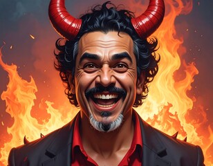 A smiling man, adorned with red horns, stands before a roaring fire. He wears a suit, exuding a mischievous grin