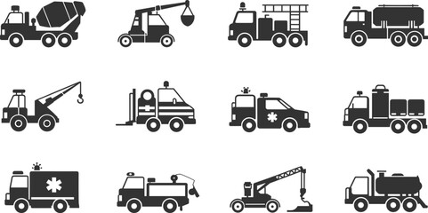 Construction and emergency service vehicles vector illustration, heavy equipment trucks, ambulance, crane, tow truck, fire engine, tanker, and industrial transport icons design © Goutom