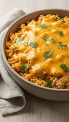 Warm casserole of cheesy rice with herbs in a ceramic baking dish, cozy comfort food for family dinner, homestyle meal styling for holiday potluck