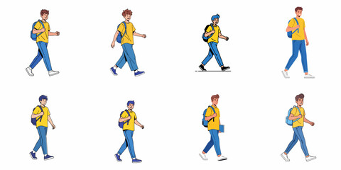 Fototapeta premium Set of eight diverse young male students walking with backpacks. Flat vector illustration collection of happy teenagers heading to school or university.