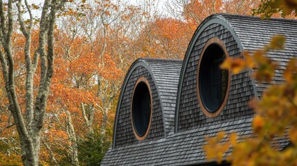 Autumnal Roofline Architecture: Round Windows and Fall Foliage