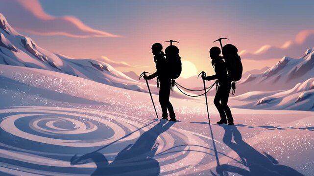 Two climbers ascend snowy mountain landscape at sunrise