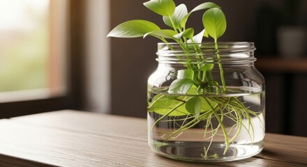 Vibrant green plant with intricate roots growing hydroponically inside a clear glass jar filled with water on a wooden surface.