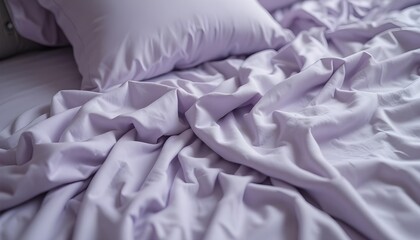 Soft pastel lavender bedsheet, smooth cotton fabric, calm luxury feel