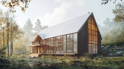 Modern Glass House in Autumn Forest