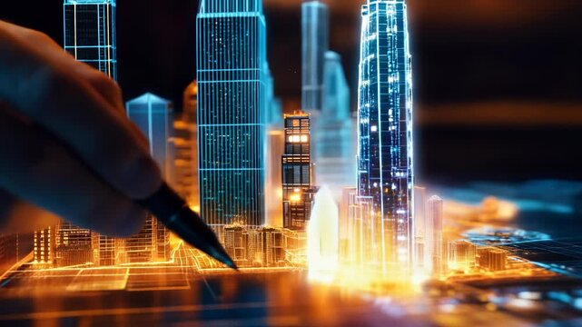 An architect brings architectural designs to life with 3D holographic construction models. The concept of innovation in architecture and futuristic design. Generative Ai.