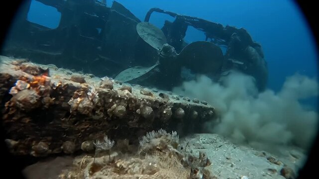 Shipwreck debris closeup reveals sunken boat propeller underwater