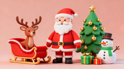 Fototapeta premium Cute 3D rendered Christmas scene with Santa Claus, reindeer, sleigh, Christmas tree, snowman, and gifts on a pink background.