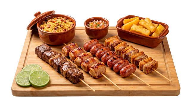 T&aacute;bua de Churrasco com Espetinhos Mistos de Carne, Frango com Bacon, Lingui&ccedil;a e Panceta Acompanhados de Farofa, Vinagrete e Mandioca Frita em Fundo Isolado