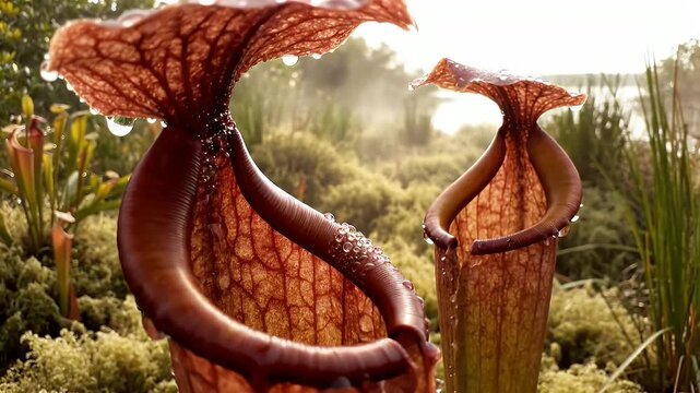 Pitcher Plants Sarracenia Covered in Dewdrops in Swamp Bog
