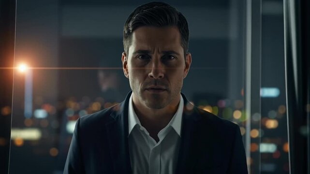 Man in Suit Peeking Through Curtains at City Lights at Night