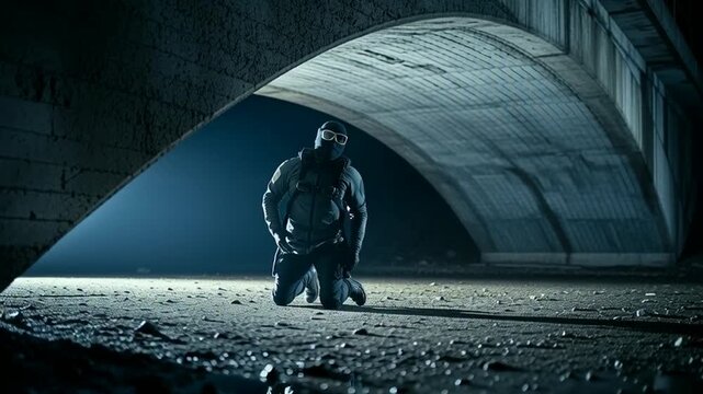 Man in tactical gear doing push-ups under a bridge at night, dramatic lighting