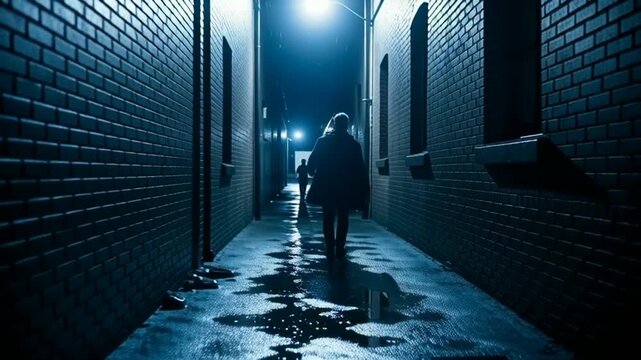 Man walking in dark, wet alleyway at night, dramatic lighting, suspenseful mood