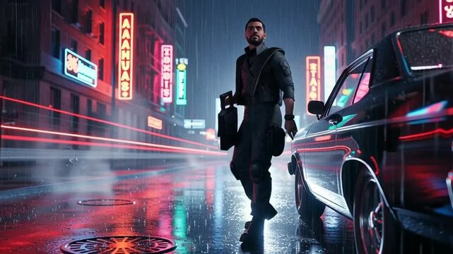 Man with gun in rainy neon city street at night, cinematic action scene