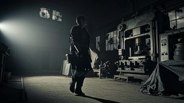 Man with Rifle in Abandoned Factory with Dramatic Light and Shadows