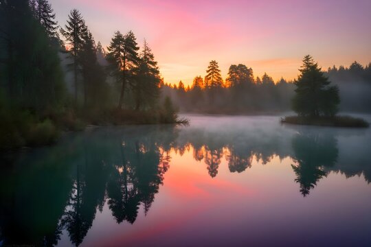 Sunset over misty alpine lake with pink clouds pine tree reflections colorful sky