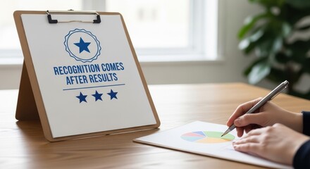 Person analyzing financial pie chart with motivational clipboard for business results and recognition