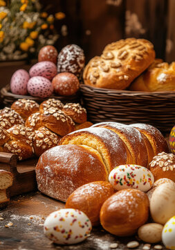 Festive Easter Bread Display with Traditional Decorations.
