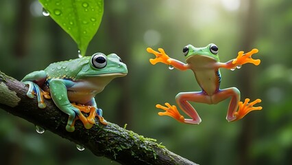 Two Frogs on Branch in Forest.