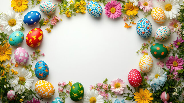 colorful easter eggs adorn empty banner flower frame copy space text