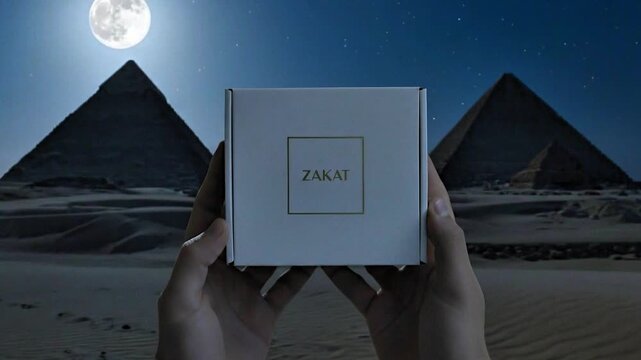 Video, illustration of Islamic activities, hand holding a box with the word ZAKAT written on it, giving, زكاة (Zakāh)