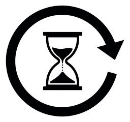 Line art illustration of an hourglass and a refresh arrow depicting time cycle for a business concept