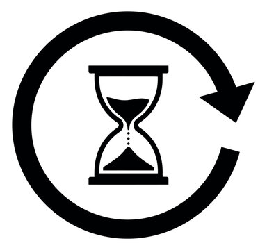 Line art illustration of an hourglass and a refresh arrow depicting time cycle for a business concept