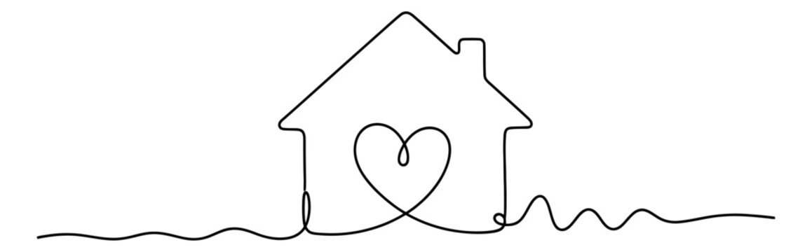 Minimalist line art illustration of a house and heart depicting love and home comfort for real estate or family concepts