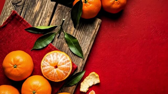 Video, mandarin orange background with red background, Lunar New Year, Chinese New Year 2026 background, celebration, fruit, 