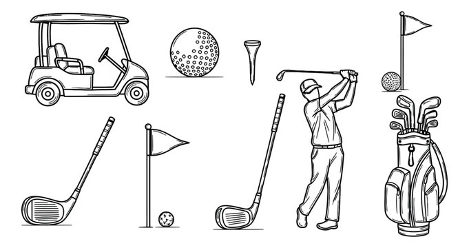 Hand drawn line art golf set featuring a golf cart, ball, clubs, tee, flag, and a golfer for sports and recreation