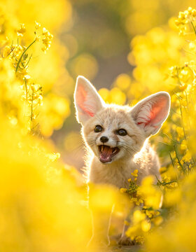Smiling fennec fox surrounded by bright yellow flowers
黄色い花に囲まれたフェネックの笑顔