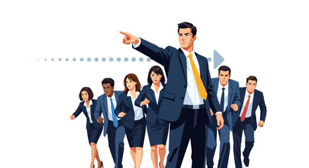 A professional team of successful corporate businesspeople in suits stands together against a white background, showcasing leadership and smiling workers in a collaborative office environment © Rizky