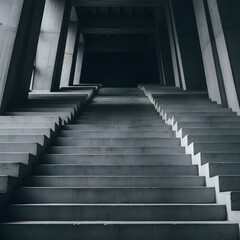 Fototapeta premium Dramatic low angle view of a long concrete staircase leading into darkness, showcasing brutalist architecture and symbolizing a journey into the unknown.