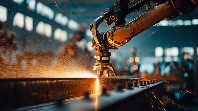 Industrial robotic arm performing precision welding on a metal sheet in a factory setting