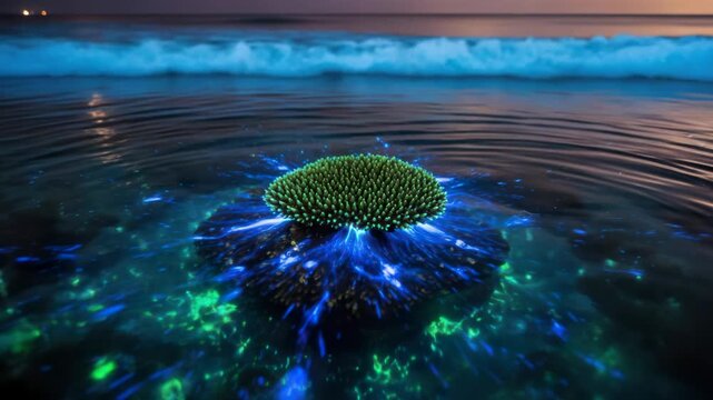 Bioluminescent Coral Reef at Dusk with Gentle Waves and Glowing Plankton