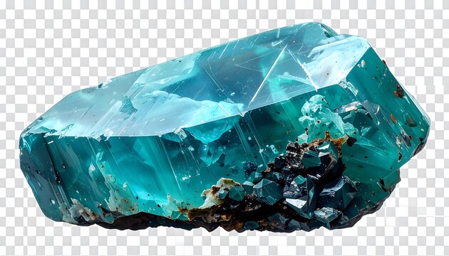 A stunning gemstone with a transparent, multifaceted surface, exhibiting hues of blue and teal. Its crystalline structure is visible