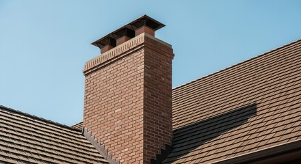 View of a sturdy red brick chimney rising from a brown shingle roof against a vibrant clear blue sky, showcasing architectural detail and robust construction.