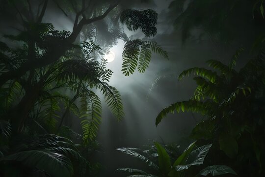 Moonlit tropical jungle with full moon beams through lush green foliage misty atmosphere
