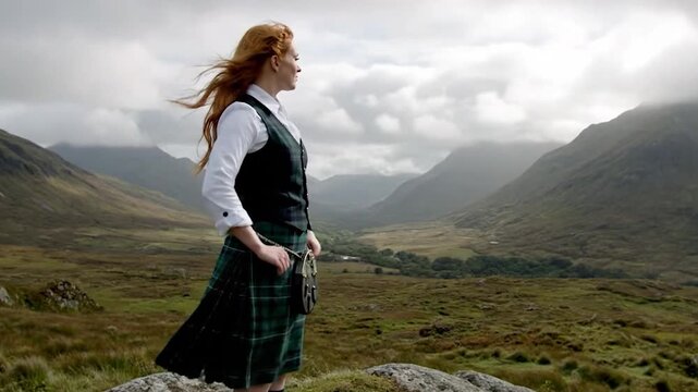 Young woman in traditional Scottish kilt standing on a hill overlooking a valley.