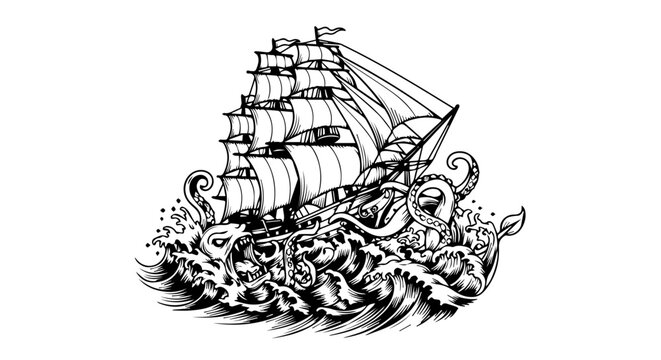 Black and white illustration of a sailing ship battling a massive octopus in turbulent seas